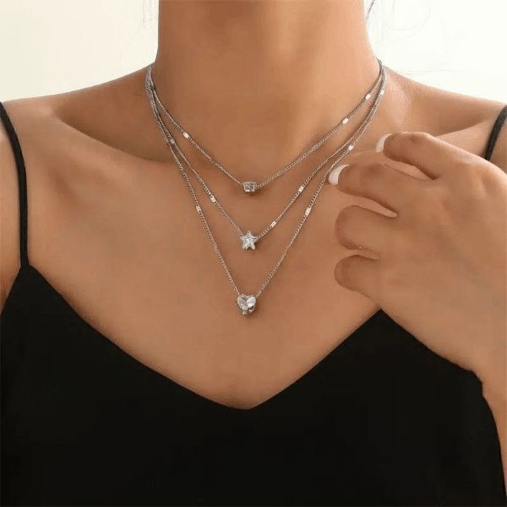 DIAMOND MULTILAYERED STAR HEART WATRDROP NECKLACE